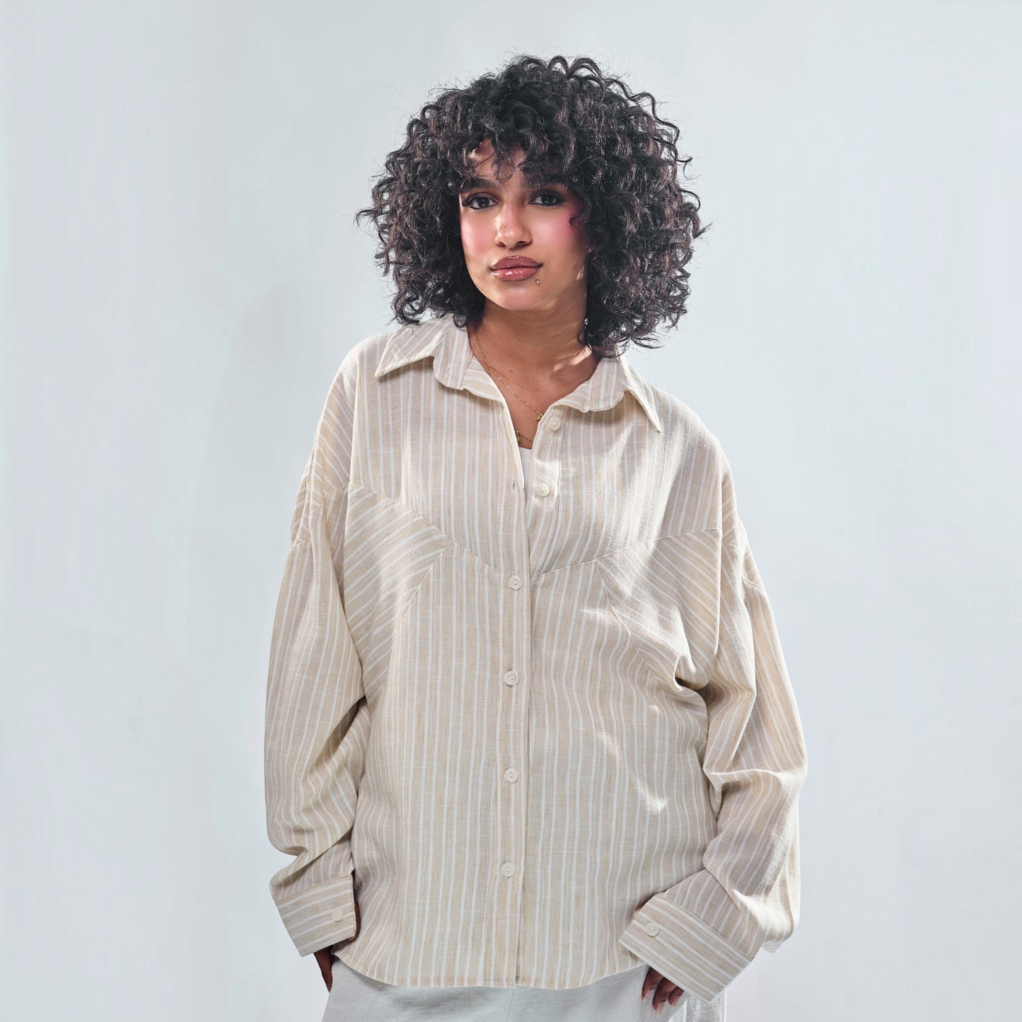 Chevron Yoke Striped Oversized Button-Down Shirt