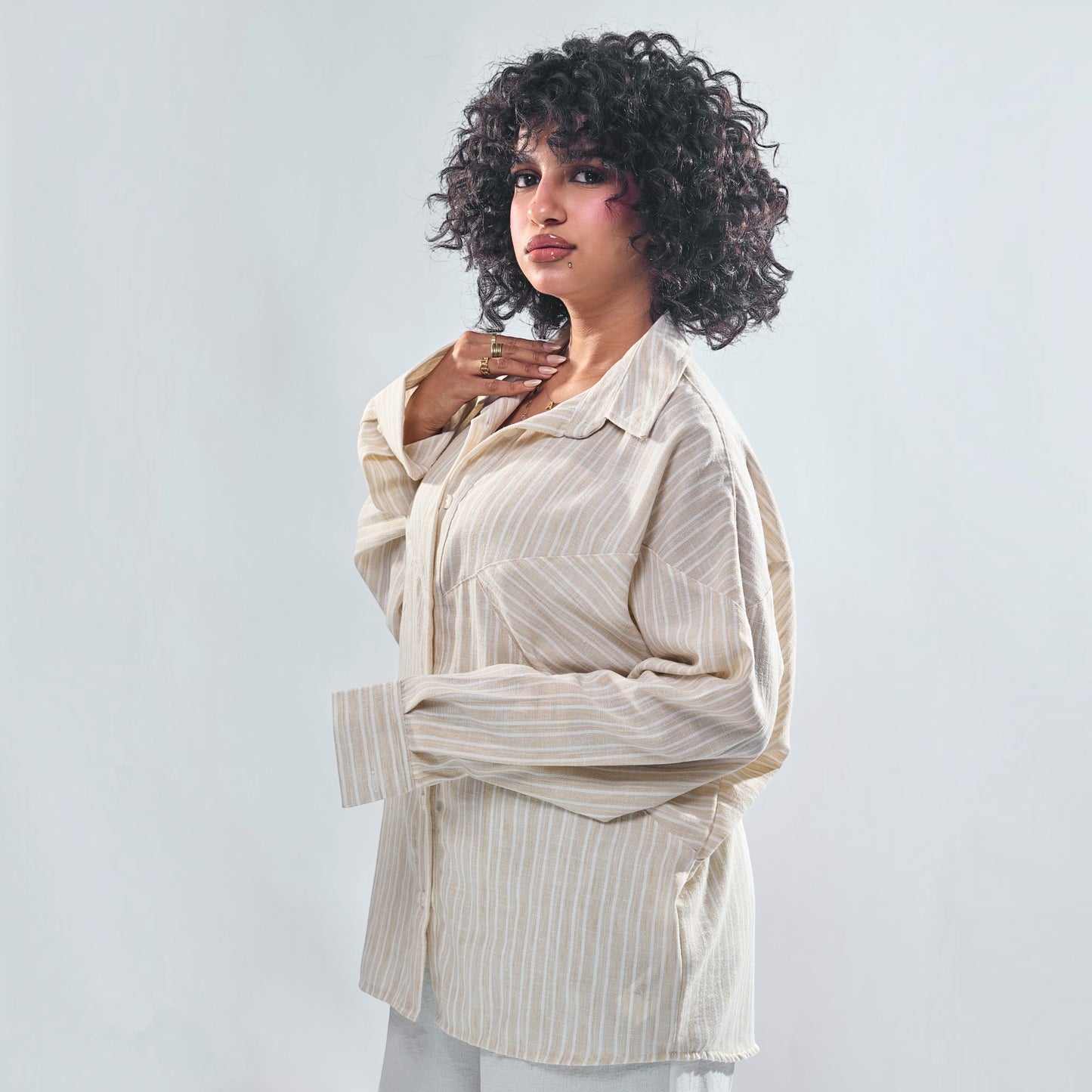 Chevron Yoke Striped Oversized Button-Down Shirt