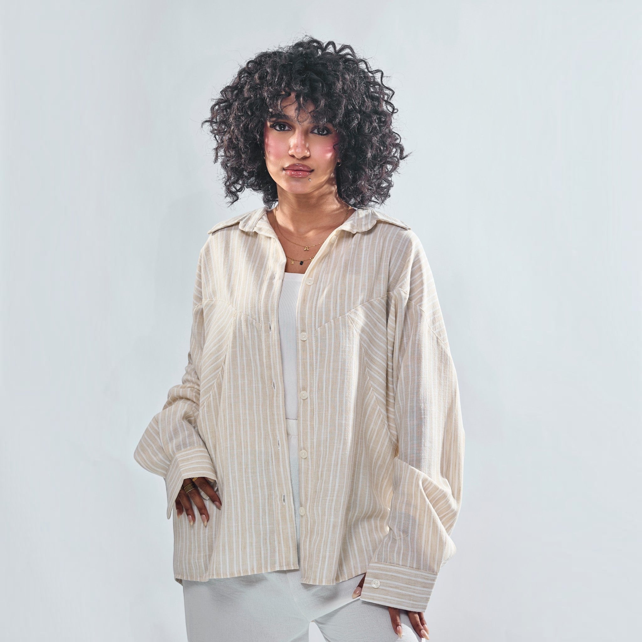 Chevron Yoke Striped Oversized Button-Down Shirt
