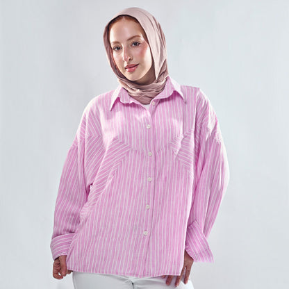 Chevron Yoke Striped Oversized Button-Down Shirt