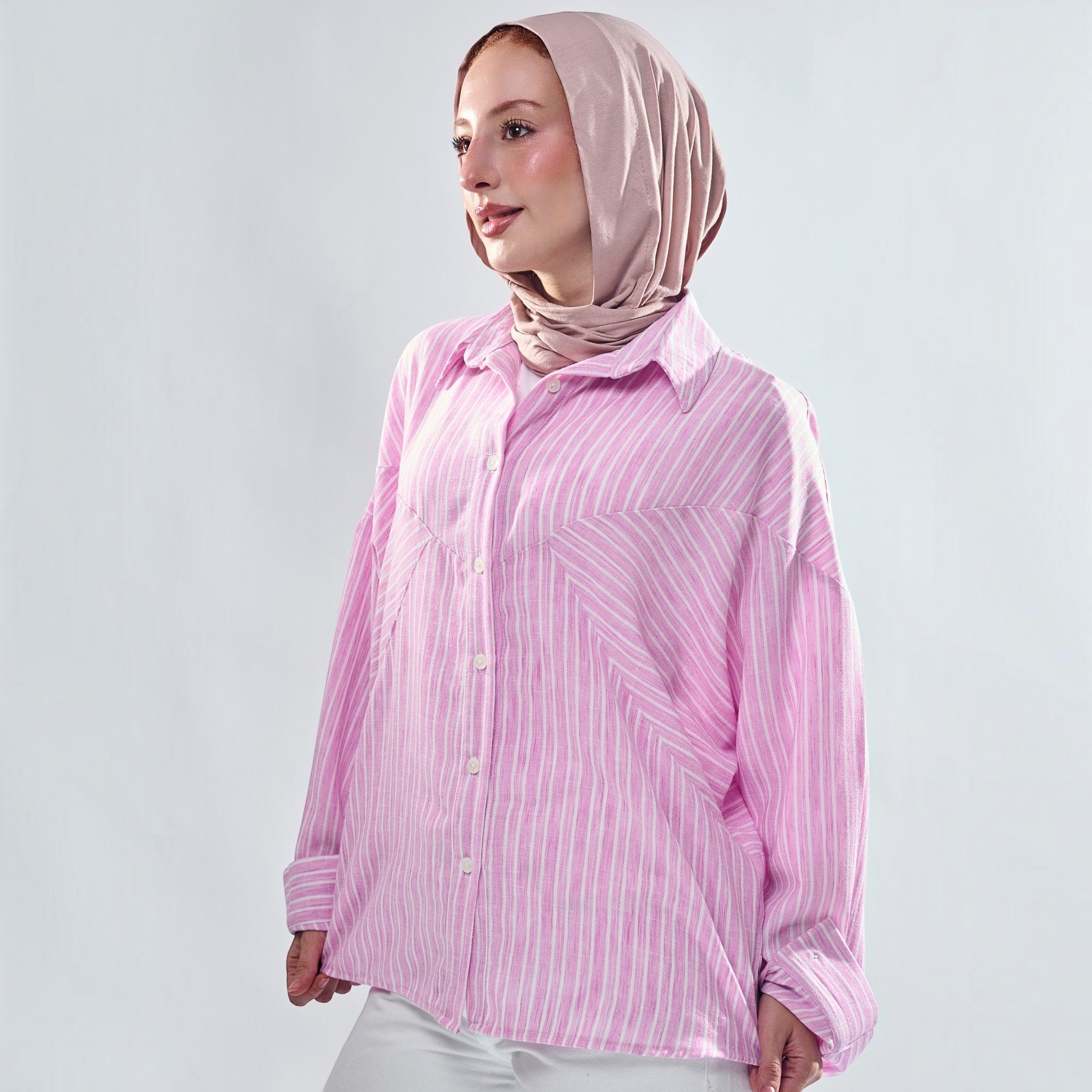 Chevron Yoke Striped Oversized Button-Down Shirt