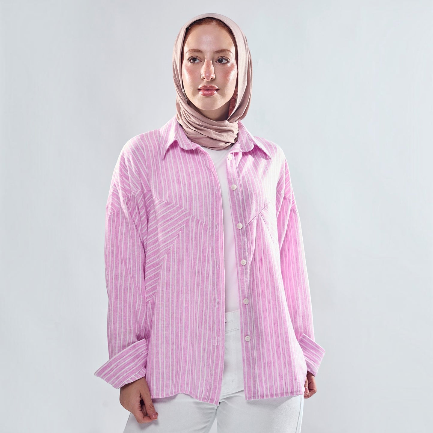 Chevron Yoke Striped Oversized Button-Down Shirt