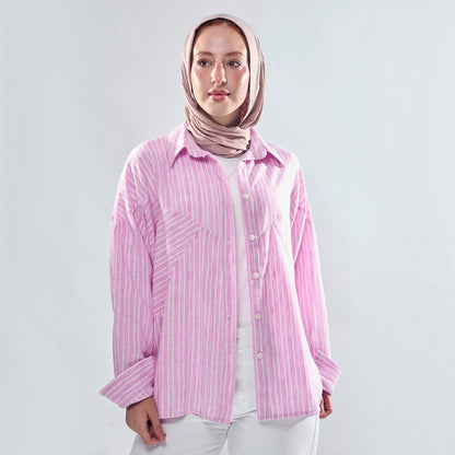 Chevron Yoke Striped Oversized Button-Down Shirt