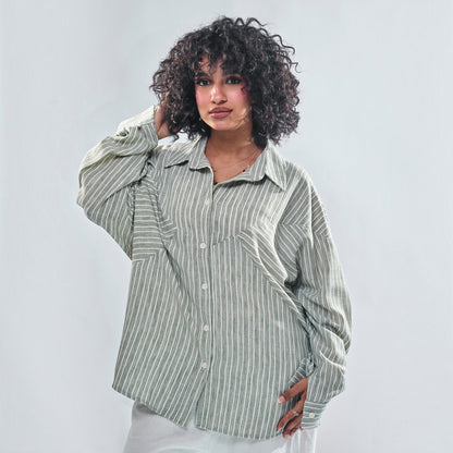 Chevron Yoke Striped Oversized Button-Down Shirt