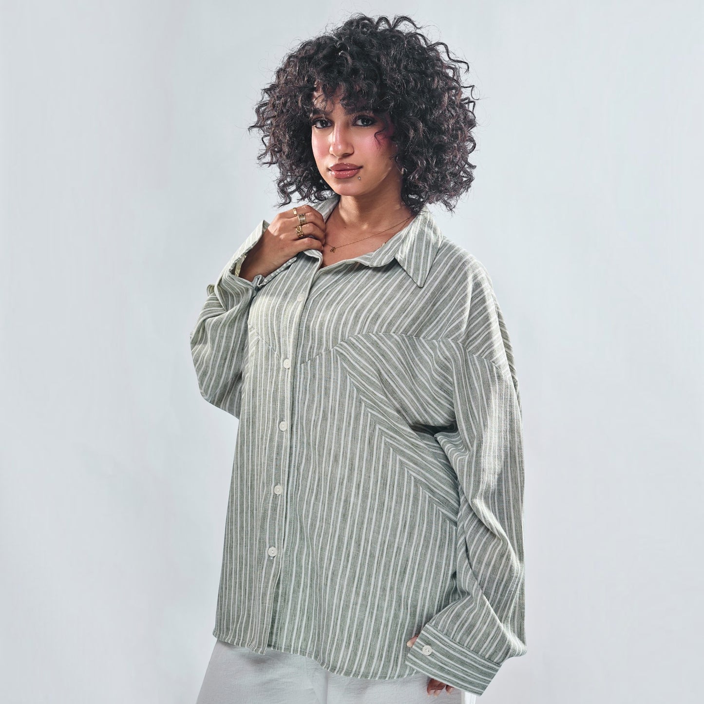 Chevron Yoke Striped Oversized Button-Down Shirt