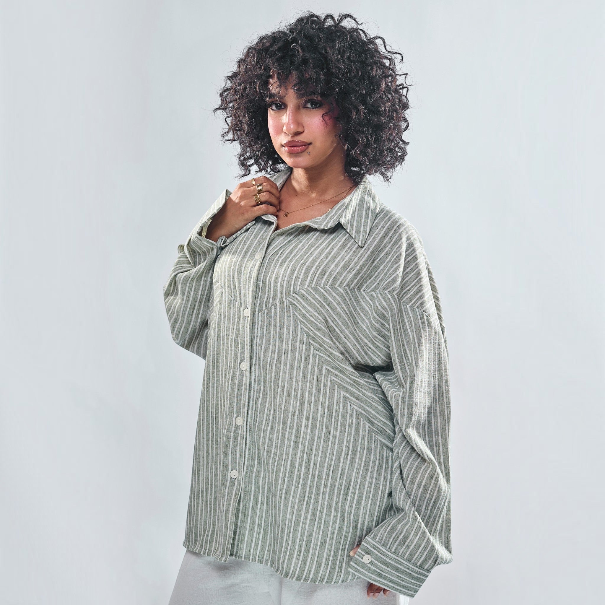 Chevron Yoke Striped Oversized Button-Down Shirt