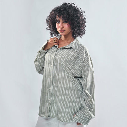 Chevron Yoke Striped Oversized Button-Down Shirt