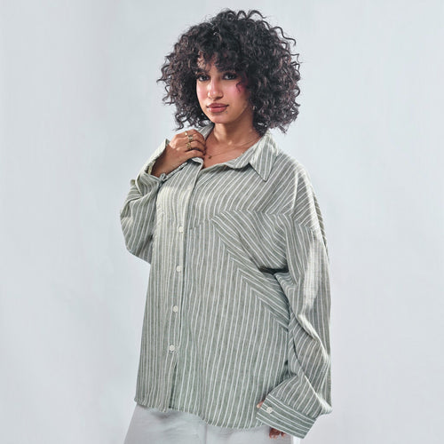 Chevron Yoke Striped Oversized Button-Down Shirt
