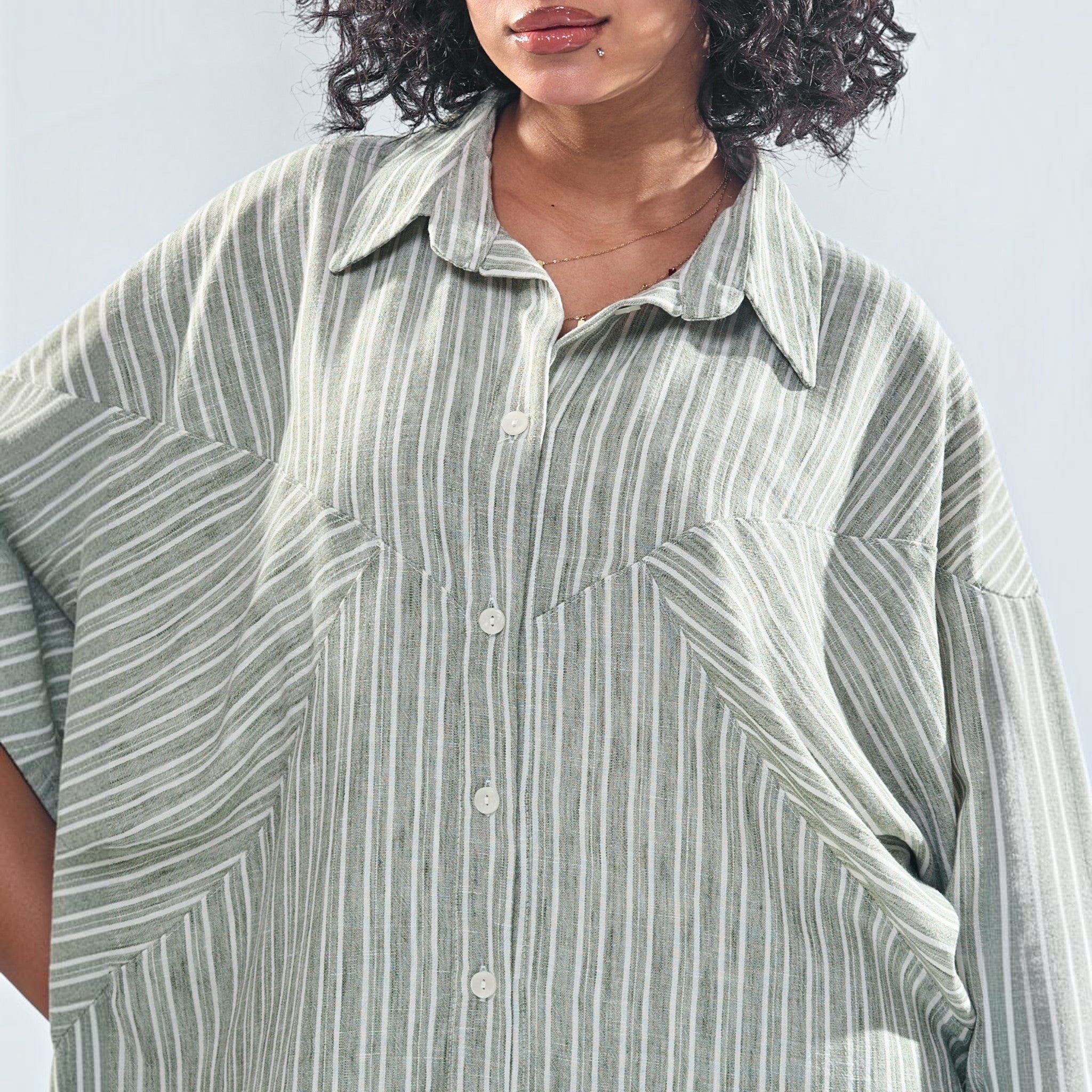 Chevron Yoke Striped Oversized Button-Down Shirt