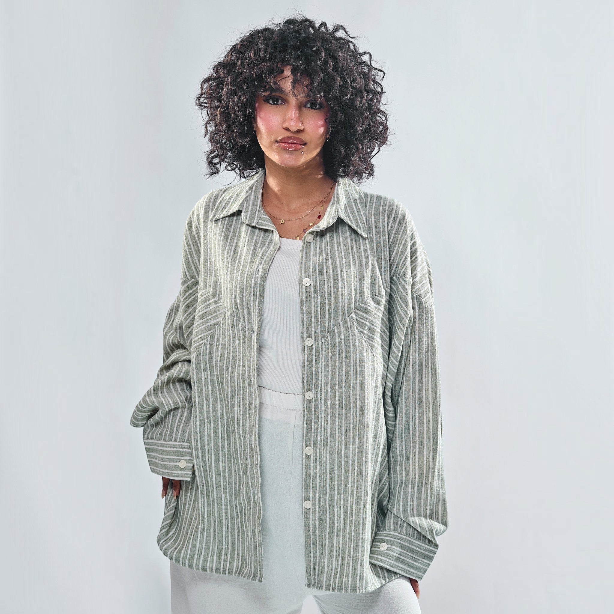 Chevron Yoke Striped Oversized Button-Down Shirt