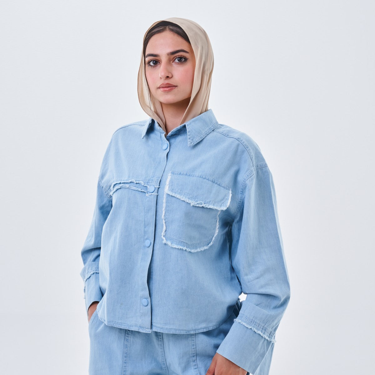 Frayed Pocket Denim Shirt – Light Blue