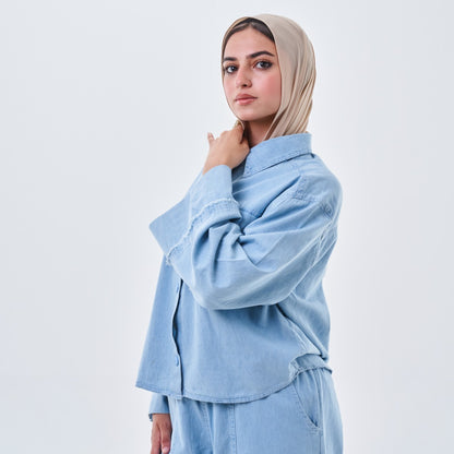 Frayed Pocket Denim Shirt – Light Blue