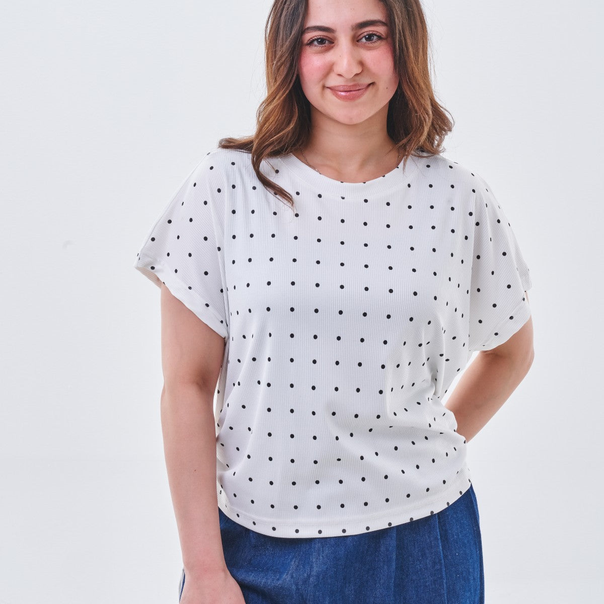 Polka Dot Drawstring Ribbed Top – White