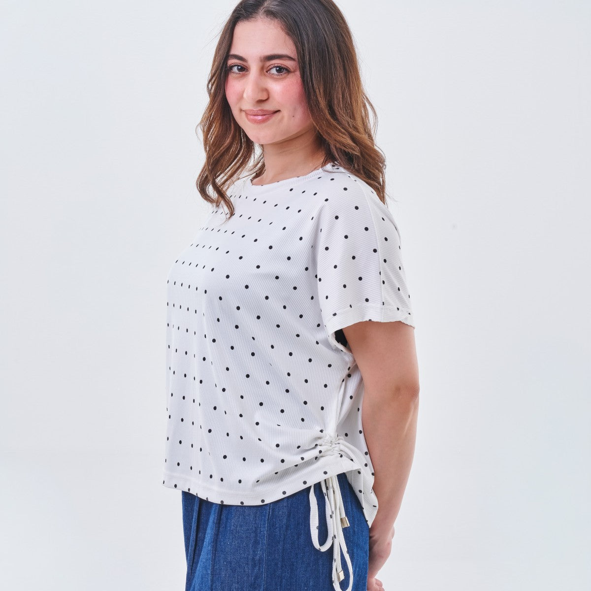 Polka Dot Drawstring Ribbed Top – White
