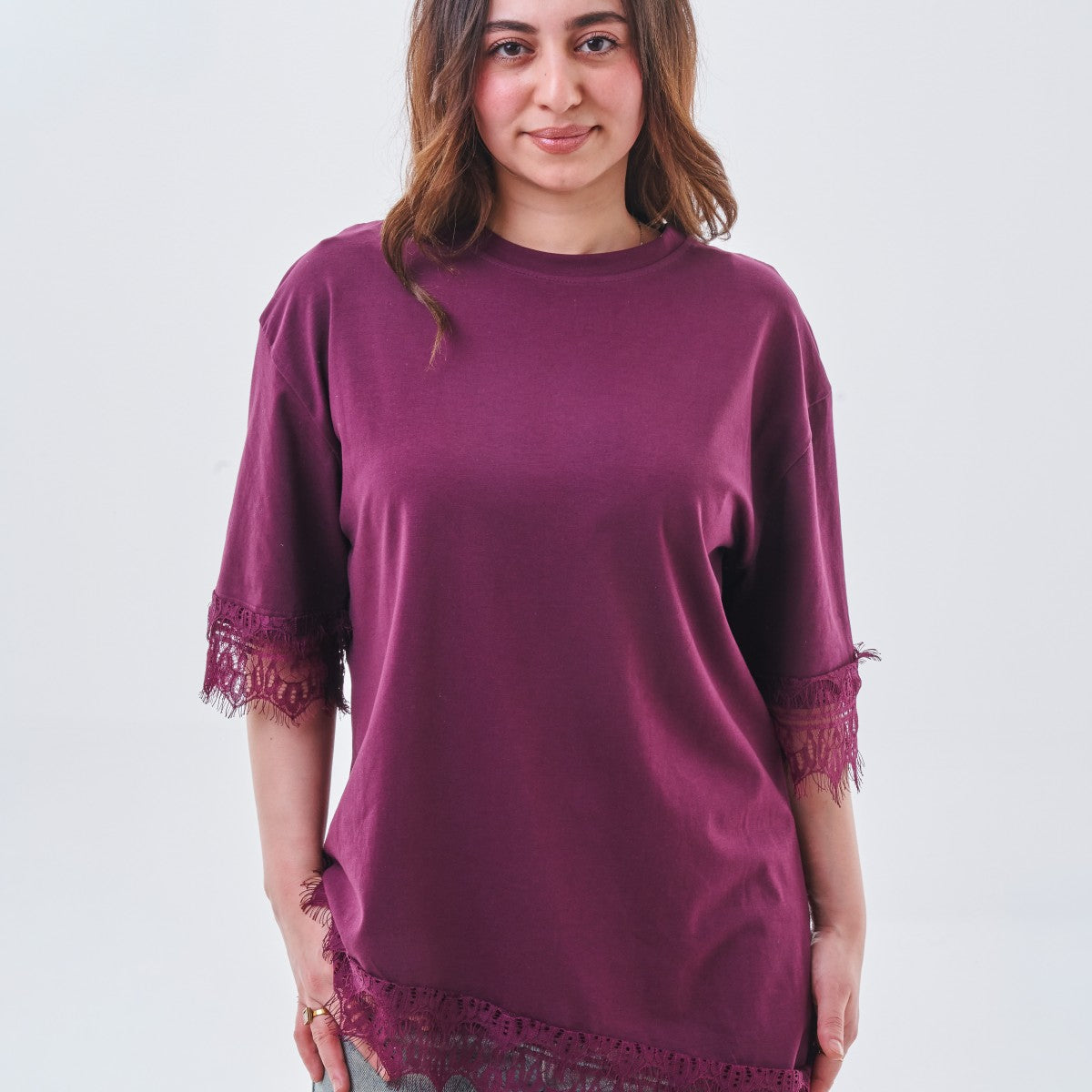 Lace Trim Oversized Top