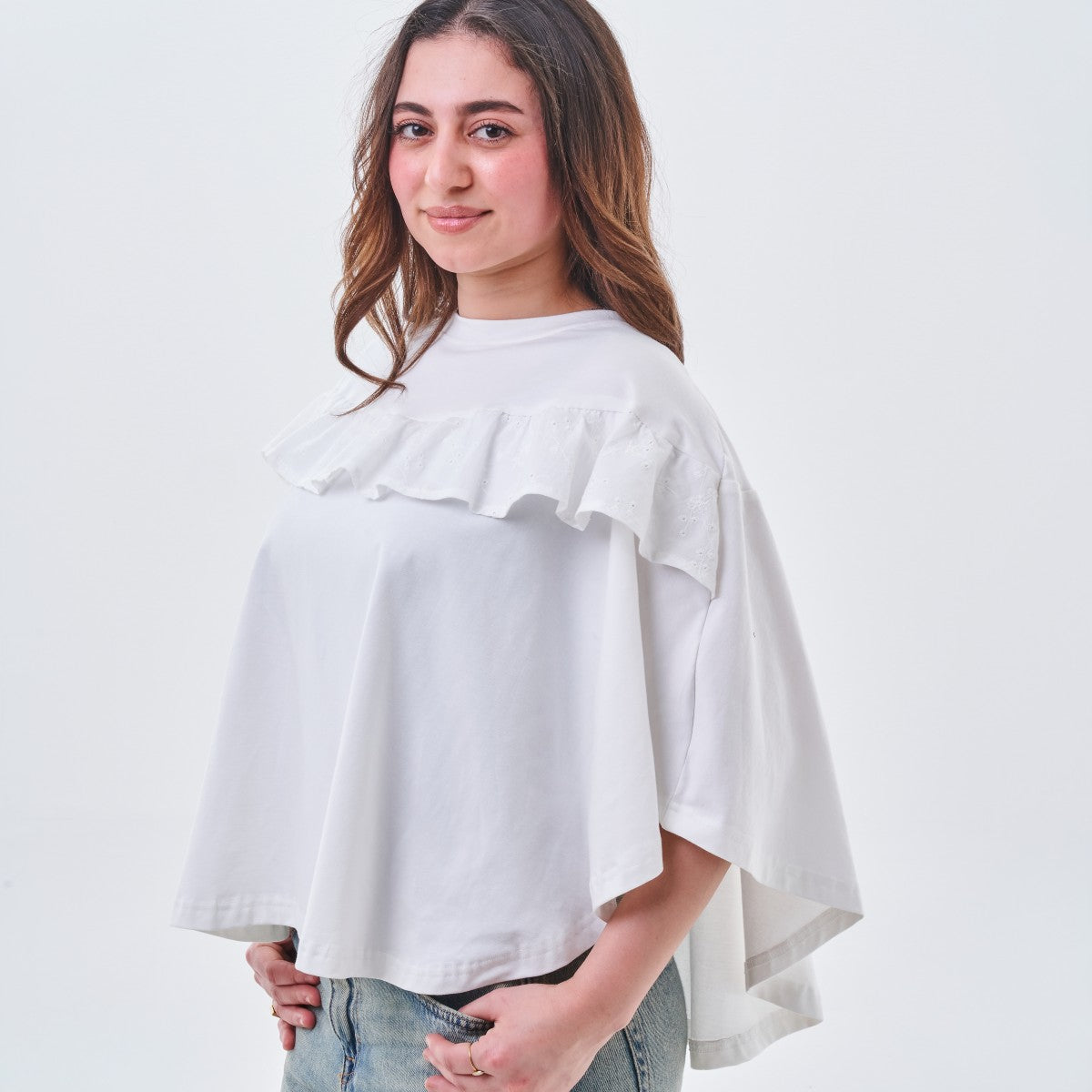 Ruffle Detail Oversized Top – White