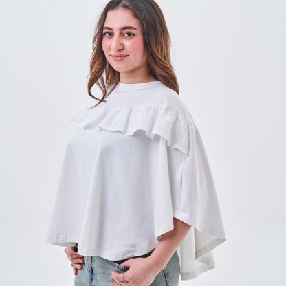 Ruffle Detail Oversized Top – White