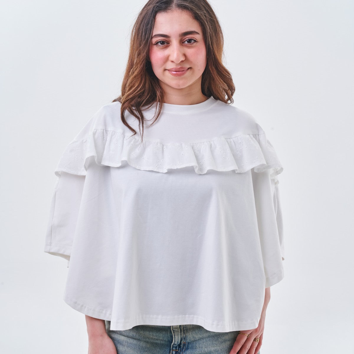 Ruffle Detail Oversized Top – White