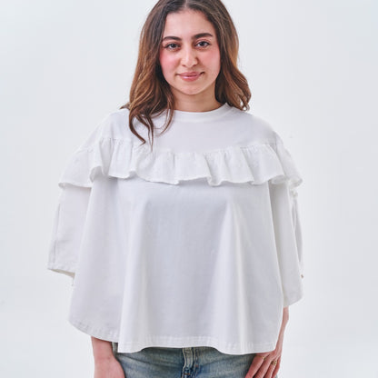 Ruffle Detail Oversized Top – White