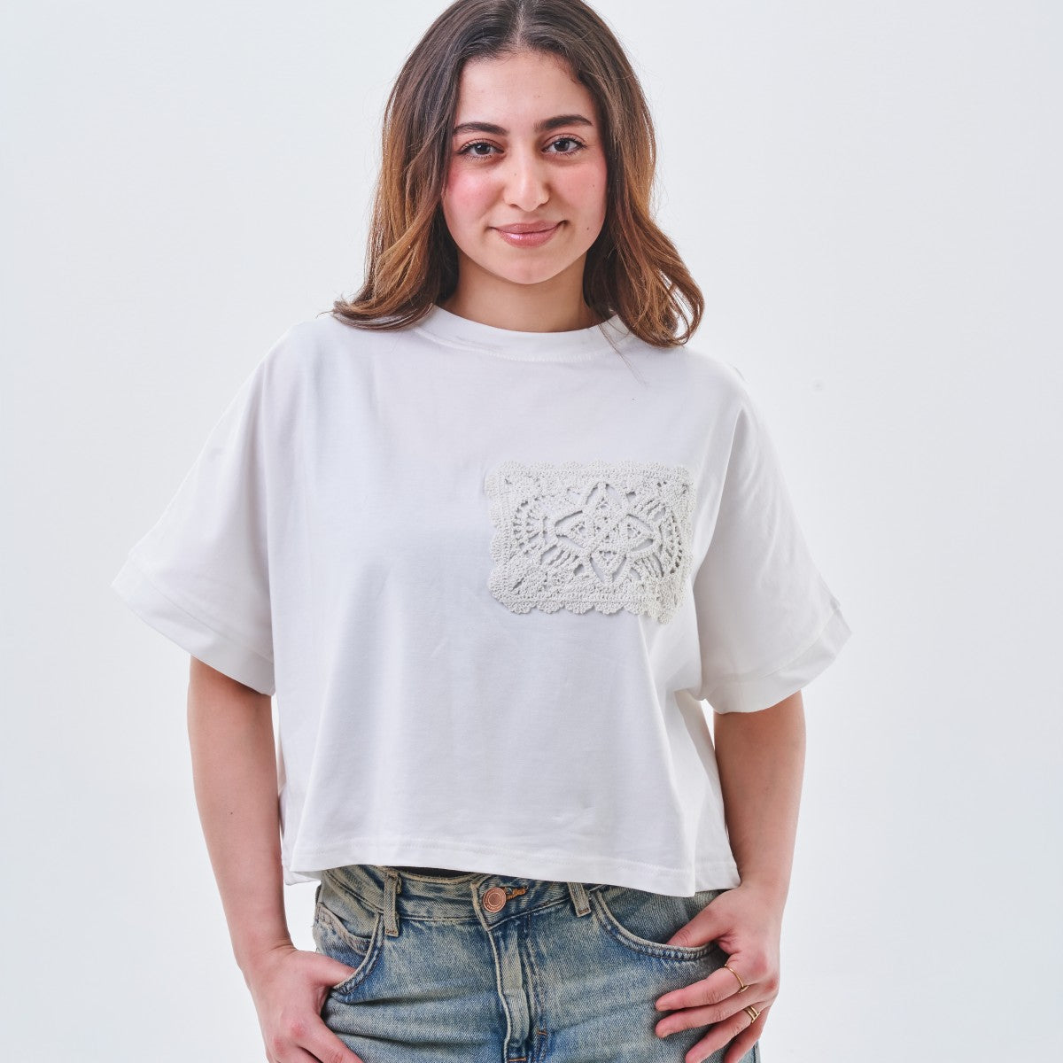 Crochet Appliqué Cropped Top – White