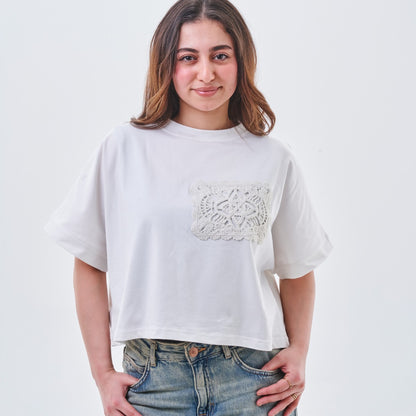 Crochet Appliqué Cropped Top – White