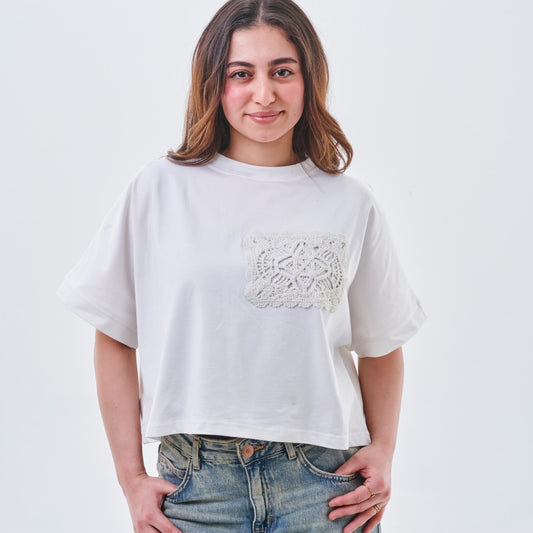 Crochet Appliqué Cropped Top – White