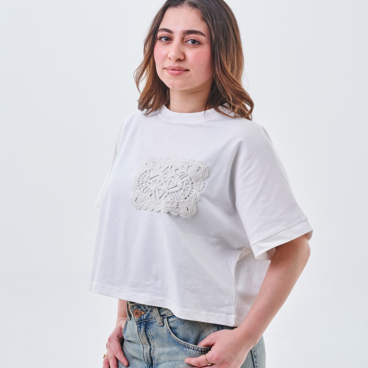 Crochet Appliqué Cropped Top – White