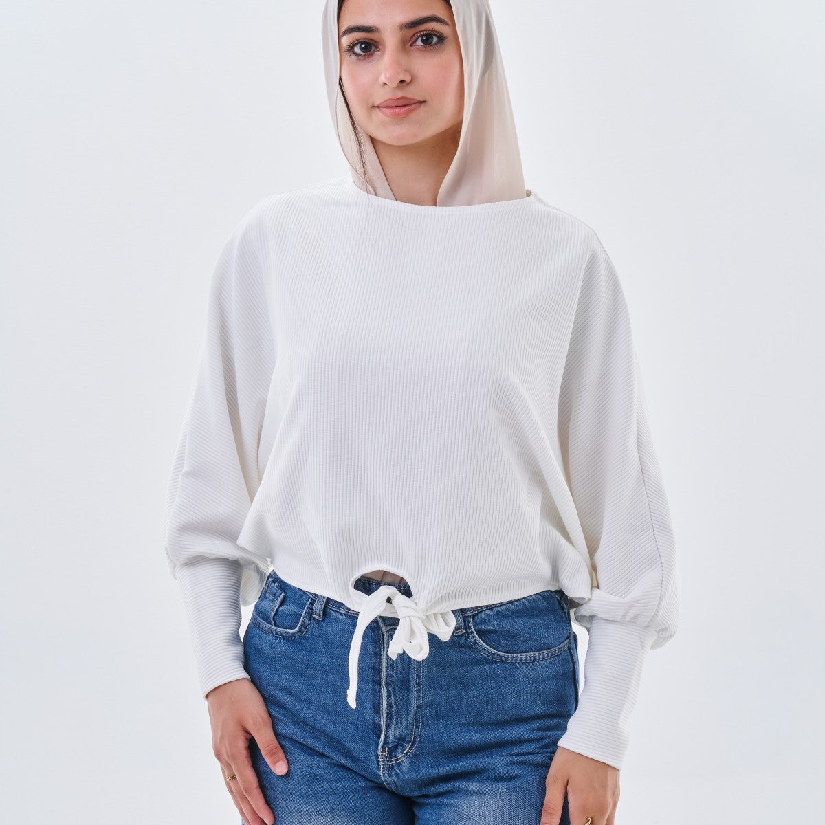 Ribbed Tie-Front Oversized Top