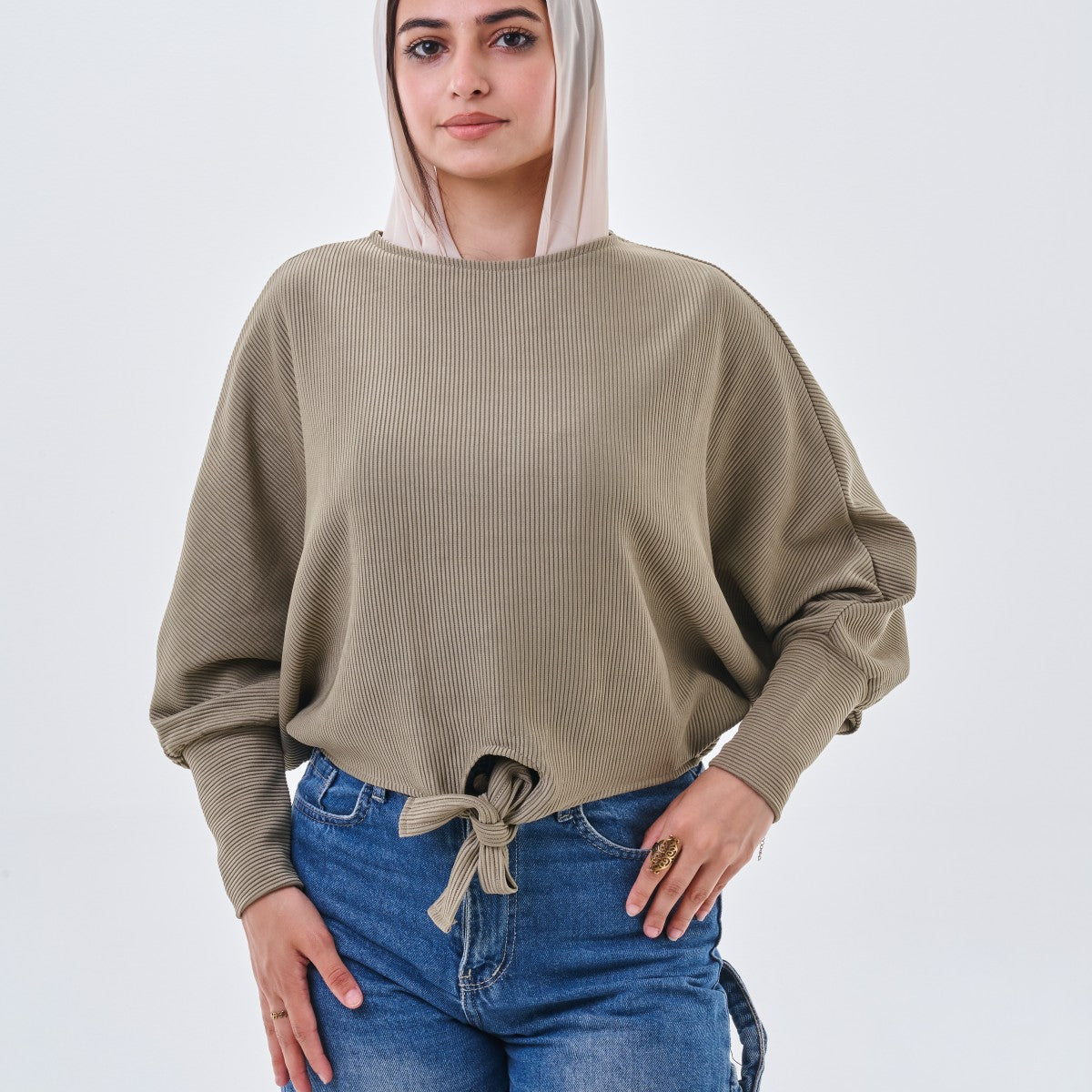 Ribbed Tie-Front Oversized Top